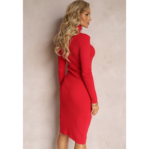Czerwona Sweterkowa Sukienka Midi z Rozcięciem Ściąganym Troczkiem i Golfem Renee ONE SIZE renee.pl okazyjna cena