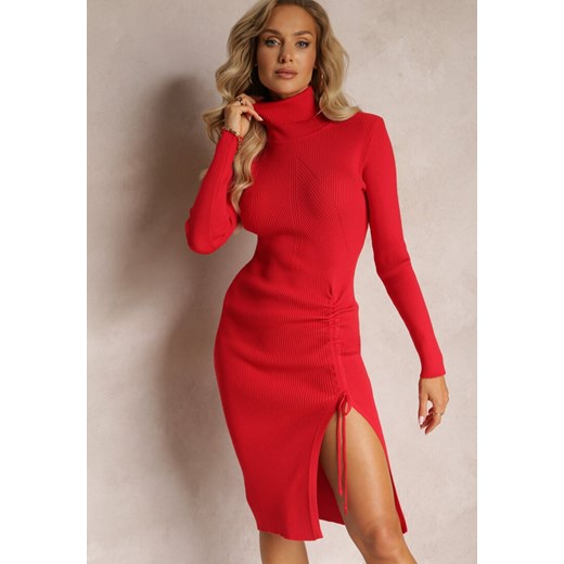 Czerwona Sweterkowa Sukienka Midi z Rozcięciem Ściąganym Troczkiem i Golfem Renee ONE SIZE okazja renee.pl