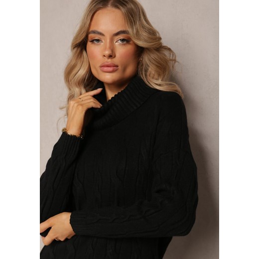 Czarna Mini Sukienka ze Sweterkowej Dzianiny z Szerokim Golfem i Ściągaczami Renee M renee.pl wyprzedaż