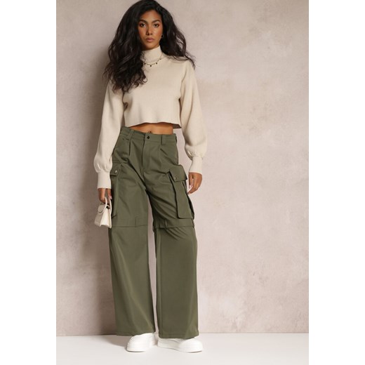 Zielone Szerokie Spodnie High Waist w Stylu Cargo Vomisal ze sklepu renee.pl w kategorii Spodnie damskie - zdjęcie 179872108