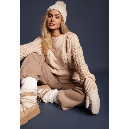 Beżowy Sweter z Wełną i Bawełną w Warkoczykowy Splot Kestina ze sklepu renee.pl w kategorii Swetry damskie - zdjęcie 179872339