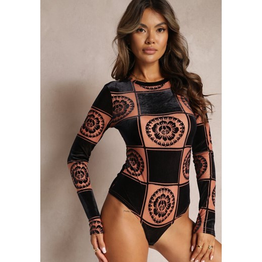 Beżowo-Czarne Body w Geometryczny Print z Długim Rękawem Conti ze sklepu renee.pl w kategorii Bluzki damskie - zdjęcie 179872948