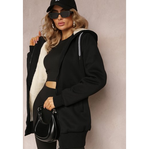 Czarna Bluza ze Sztucznym Futerkiem i Kapturem oraz Kieszeniami Creactia ze sklepu renee.pl w kategorii Bluzy damskie - zdjęcie 179873258