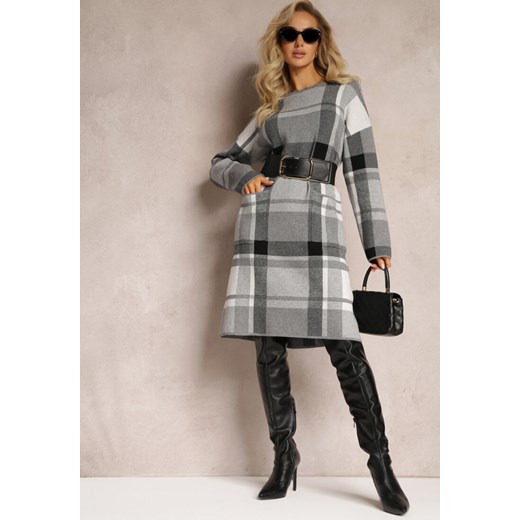 Szara Dzianinowa Sukienka Midi Ozdobiona Wzorem w Kratę Bimara Renee 2XL okazja renee.pl