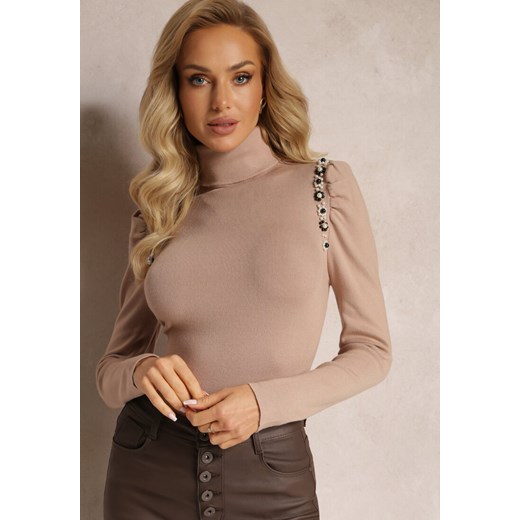 Ciemnobeżowy Sweter Golf z Perełkami Przy Bufiastych Rękawach Hutta ze sklepu renee.pl w kategorii Swetry damskie - zdjęcie 179874065