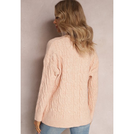 Jasnopomarańczowy Sweter z Okrągłym Dekoltem i Splotem w Warkocze Dawnitta Renee ONE SIZE promocyjna cena renee.pl