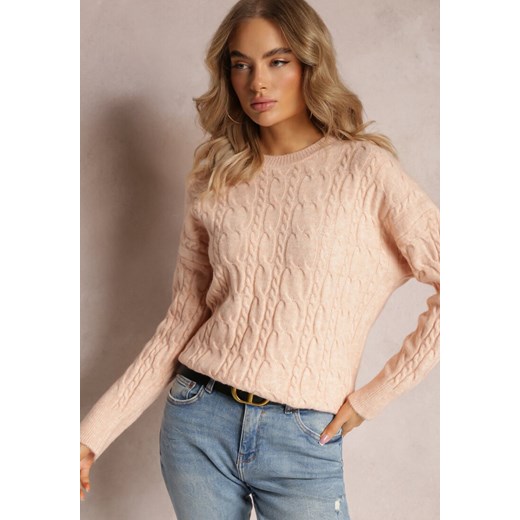 Jasnopomarańczowy Sweter z Okrągłym Dekoltem i Splotem w Warkocze Dawnitta Renee ONE SIZE wyprzedaż renee.pl