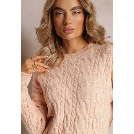 Jasnopomarańczowy Sweter z Okrągłym Dekoltem i Splotem w Warkocze Dawnitta Renee ONE SIZE okazja renee.pl