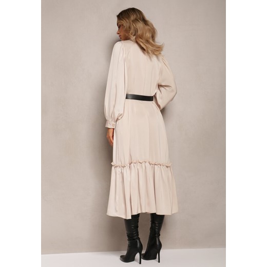Beżowa Koszulowa Sukienka Midi z Paskiem i Ozdobną Falbanką Mulimani Renee M renee.pl okazyjna cena
