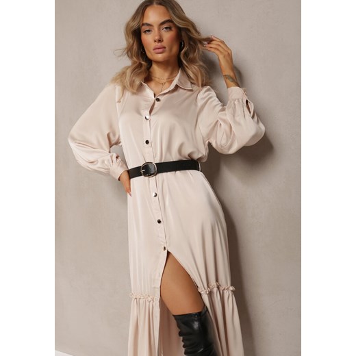 Beżowa Koszulowa Sukienka Midi z Paskiem i Ozdobną Falbanką Mulimani Renee L wyprzedaż renee.pl