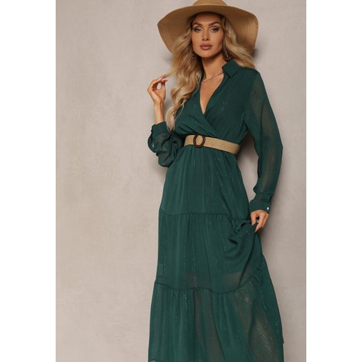 Ciemnozielona Sukienka z Kopertowym Dekoltem i Plecionym Paskiem Velo Renee M renee.pl promocyjna cena