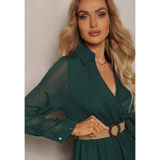 Ciemnozielona Sukienka z Kopertowym Dekoltem i Plecionym Paskiem Velo Renee S wyprzedaż renee.pl
