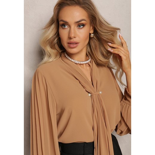 Brązowa Bluzka z Wiązaniem wokół Szyi i Plisowanym Rękawem Henokia Renee ONE SIZE promocja renee.pl