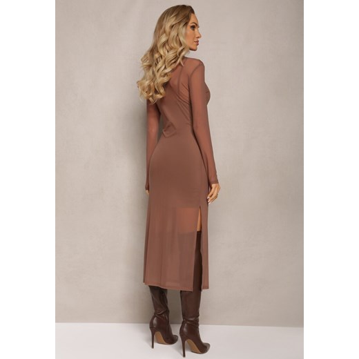 Sukienka Renee brązowa z okrągłym dekoltem z długim rękawem 