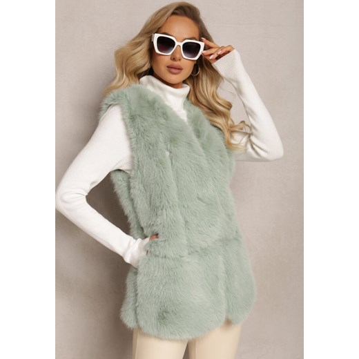 Jasnozielona Puchata Kamizelka z Futerka Ozdobiona Imitacją Skóry Tekllesa Renee L okazyjna cena renee.pl