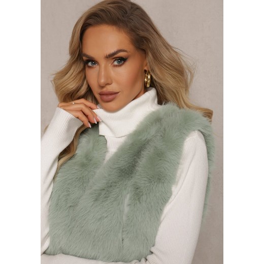 Jasnozielona Puchata Kamizelka z Futerka Ozdobiona Imitacją Skóry Tekllesa Renee M okazja renee.pl