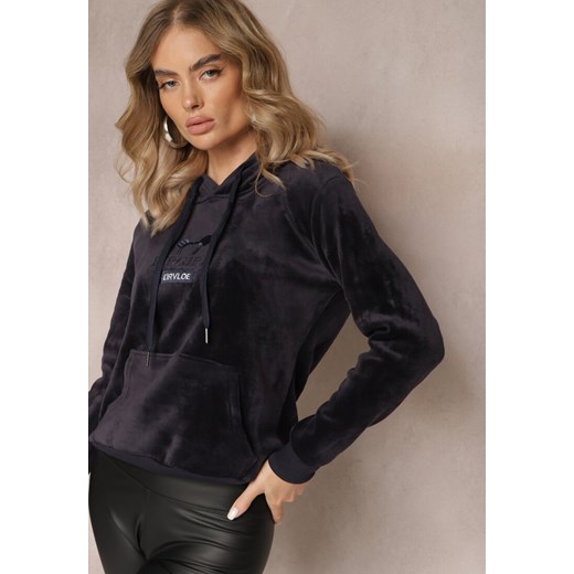 Granatowa Ocieplona Bluza Welurowa o Fasonie Kangurki z Napisem Meluia Renee 2XL wyprzedaż renee.pl