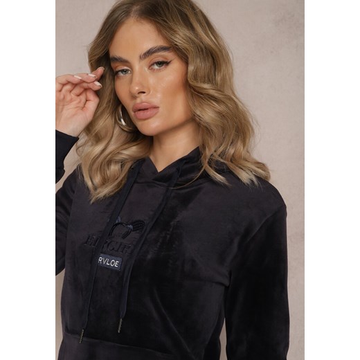 Granatowa Ocieplona Bluza Welurowa o Fasonie Kangurki z Napisem Meluia Renee 2XL okazja renee.pl