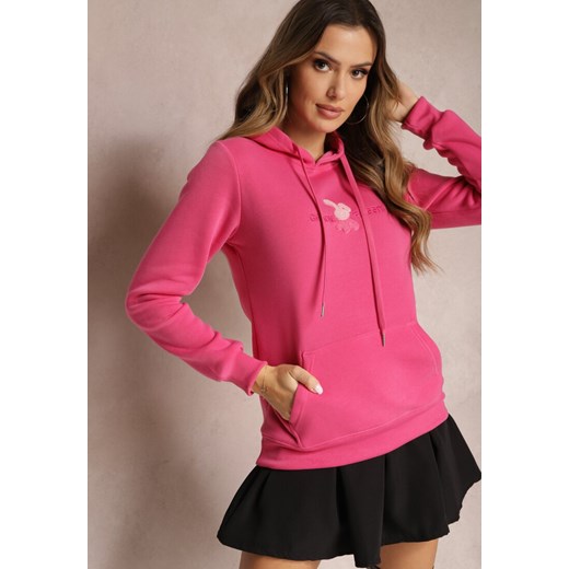Różowa Ocieplona Bluza z Kapturem Ozdobiona Naszywką i Napisem Eirellia ze sklepu renee.pl w kategorii Bluzy damskie - zdjęcie 179877989