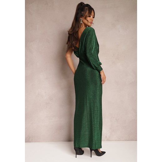 Zielona Połyskująca Sukienka Maxi o Asymetrycznym Fasonie z Trójkątnym Dekoltem Renee M okazja renee.pl