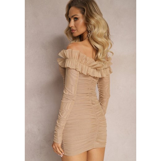 Ciemnobeżowa Dopasowana Sukienka Hiszpanka z Siateczki i Falbaną Sprlia Renee S okazyjna cena renee.pl