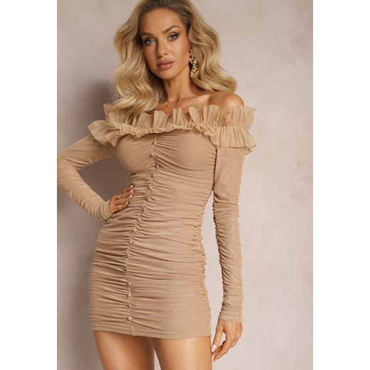 Ciemnobeżowa Dopasowana Sukienka Hiszpanka z Siateczki i Falbaną Sprlia Renee M renee.pl wyprzedaż