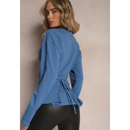 Niebieska Bawełniana Bluza z Ozdobnym Wiązaniem Fanarita ze sklepu renee.pl w kategorii Bluzy damskie - zdjęcie 179880255