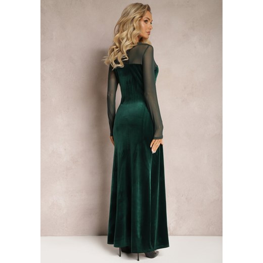 Ciemnozielona Sukienka Maxi z Weluru z Siateczkowym Dekoltem i Rękawami Belved Renee S promocja renee.pl