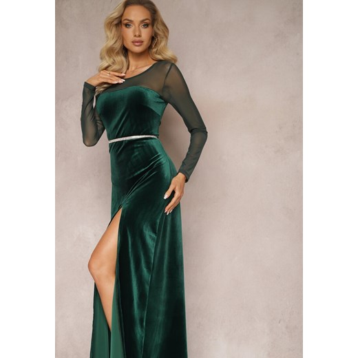 Ciemnozielona Sukienka Maxi z Weluru z Siateczkowym Dekoltem i Rękawami Belved Renee M okazja renee.pl