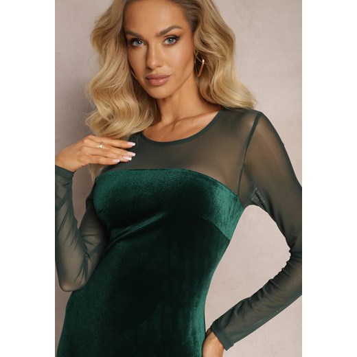 Ciemnozielona Sukienka Maxi z Weluru z Siateczkowym Dekoltem i Rękawami Belved Renee S wyprzedaż renee.pl