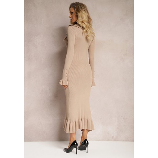 Beżowa Sweterkowa Sukienka Mini z Wywiniętym Kołnierzem i Falbankami Totfara Renee M okazja renee.pl