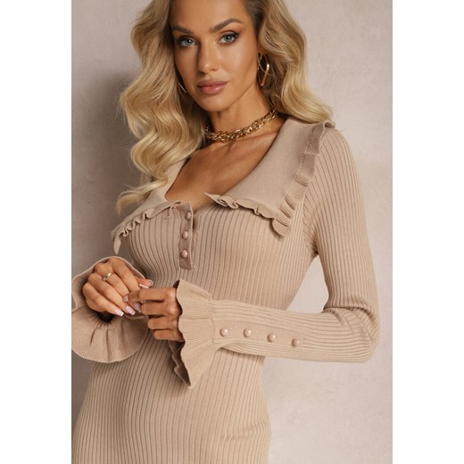 Beżowa Sweterkowa Sukienka Mini z Wywiniętym Kołnierzem i Falbankami Totfara Renee M okazja renee.pl