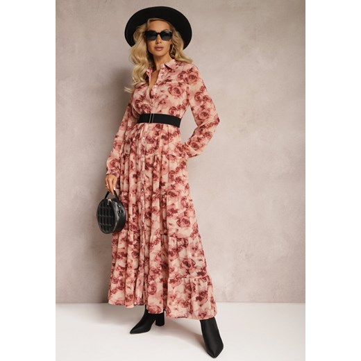 Różowa Rozkloszowana Sukienka Koszulowa Maxi w Kwiaty Nersa Renee XL promocja renee.pl