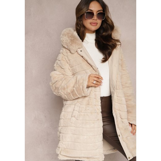 Jasnobeżowa Kurtka ze Ściągaczem i Kapturem z Futerkiem Selentia Renee 4XL renee.pl wyprzedaż