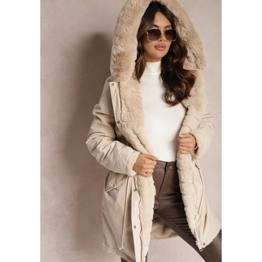 Jasnobeżowa Kurtka ze Ściągaczem i Kapturem z Futerkiem Selentia Renee 3XL wyprzedaż renee.pl
