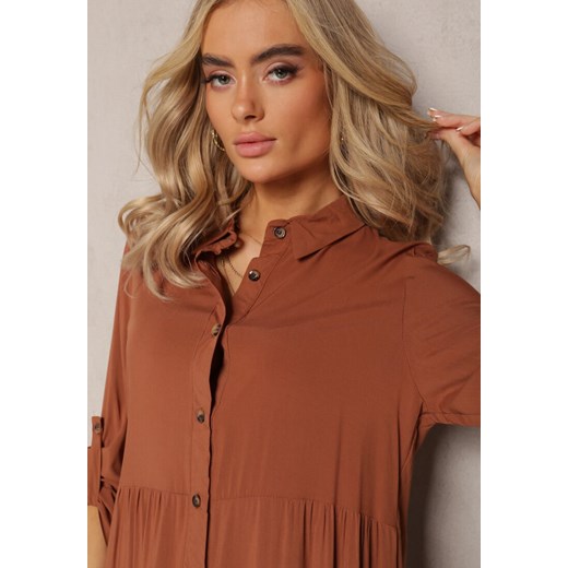 Brązowa Rozkloszowana Sukienka z Bawełny w Koszulowym Stylu Canidre Renee 2XL renee.pl okazyjna cena