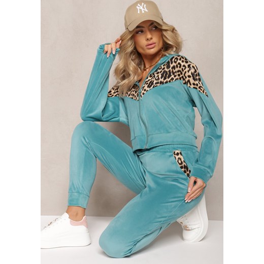 Jasnoniebieski Welurowy Komplet Dresowy 2-Częściowy z Animal Print Bluza i Spodnie Atisilva ze sklepu renee.pl w kategorii Dresy damskie - zdjęcie 179883058
