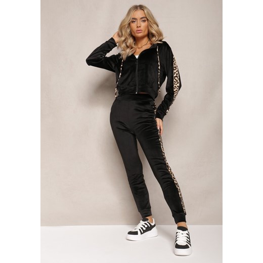 Czarny Welurowy Komplet Dresowy Ozdobiony Lampasami w Cętki Anilwo ze sklepu renee.pl w kategorii Dresy damskie - zdjęcie 179883109