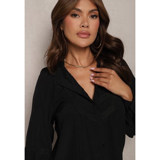 Czarna Koszula z Koronkowym Zdobieniem na Dekolcie i Rękawach Atilire Renee M okazja renee.pl