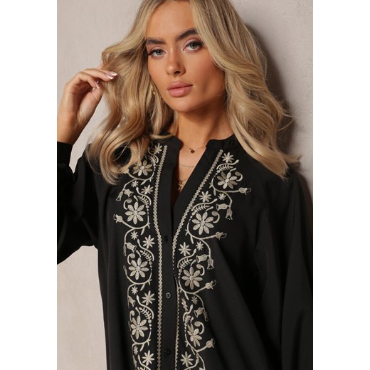 Czarna Midi Sukienka o Trapezowym Kroju z Ozdobnymi Haftami w Stylu Boho Tactila Renee M renee.pl promocja