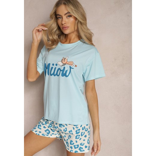 Jasnoniebieski Komplet Piżamowy T-shirt z Nadrukiem i Proste Spodnie w Cętki i Renee XL okazyjna cena renee.pl