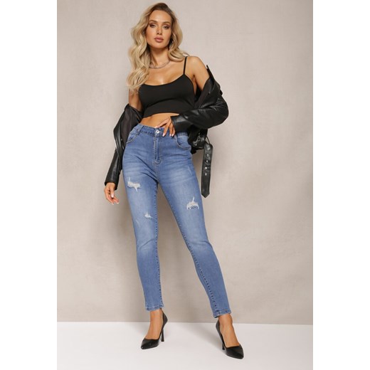Granatowe Dopasowane Jeansy Skinny z Efektem Push Up i Przedarciami Avotia ze sklepu renee.pl w kategorii Jeansy damskie - zdjęcie 179884629