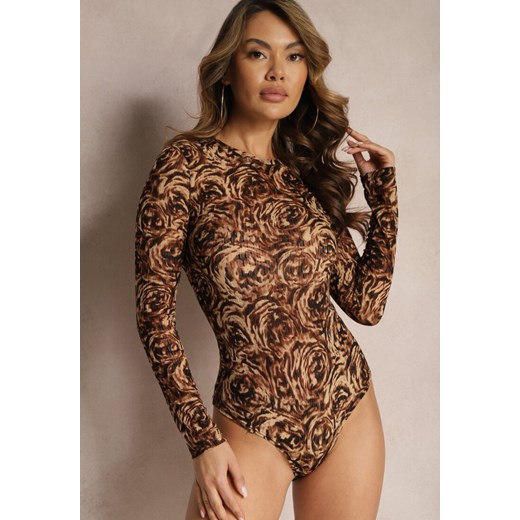 Brązowe Body Ozdobione Kwiatami w Abstrakcyjnym Stylu Hlevina Renee S promocyjna cena renee.pl