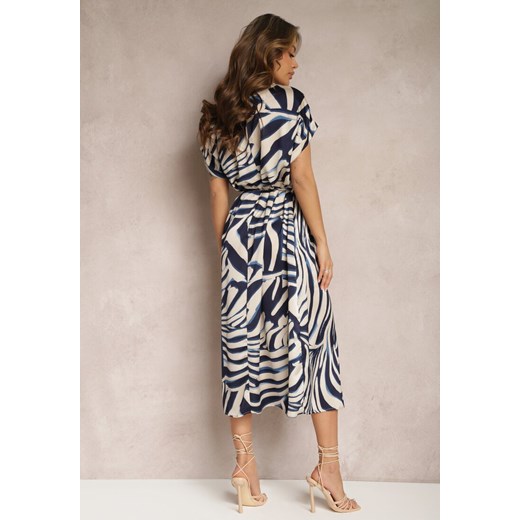 Beżowo-Granatowa Midi Sukienka Pudełkowa w Animal Print z Paskiem Avula Renee 4XL renee.pl okazja