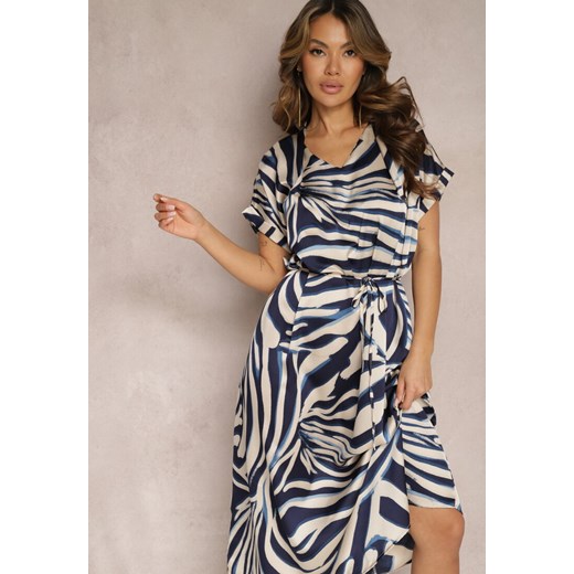 Beżowo-Granatowa Midi Sukienka Pudełkowa w Animal Print z Paskiem Avula Renee 4XL renee.pl promocyjna cena