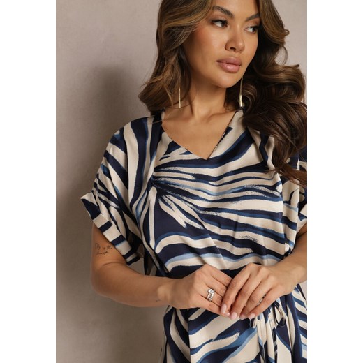 Beżowo-Granatowa Midi Sukienka Pudełkowa w Animal Print z Paskiem Avula Renee 5XL wyprzedaż renee.pl