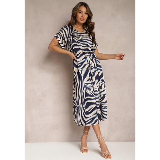 Beżowo-Granatowa Midi Sukienka Pudełkowa w Animal Print z Paskiem Avula Renee 4XL okazyjna cena renee.pl