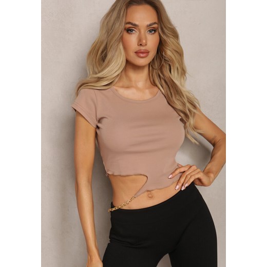Ciemnobeżowy T-shirt z Bawełny Ozdobiony Wycięciem i Łańcuszkiem Sparkina ze sklepu renee.pl w kategorii Bluzki damskie - zdjęcie 179885697