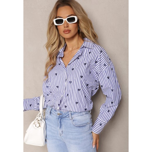 Granatowa Bawełniana Koszula Ozdobiona Wzorem w Cienkie Paski i Serduszka Vatille ze sklepu renee.pl w kategorii Koszule damskie - zdjęcie 179886518