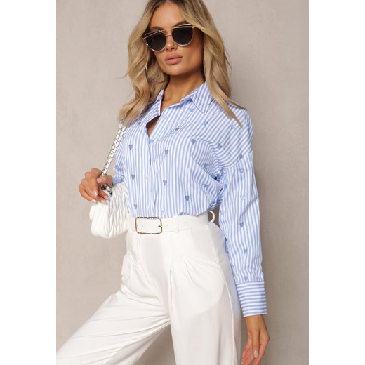 Jasnoniebieska Bawełniana Koszula Ozdobiona Wzorem w Cienkie Paski i Serduszka Vatille ze sklepu renee.pl w kategorii Koszule damskie - zdjęcie 179886528